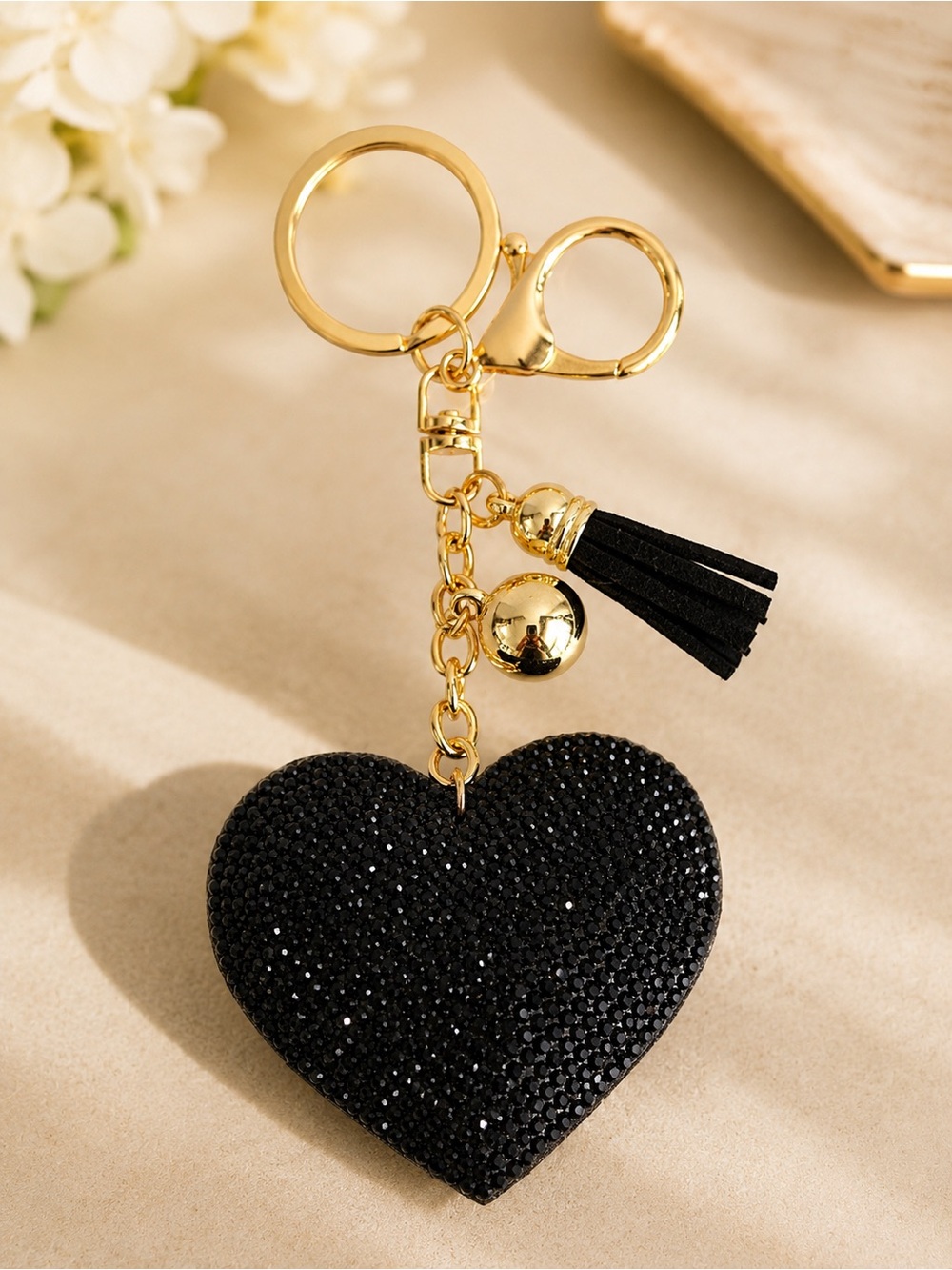 Black Crystal Rhinestone Heart Bag Charm Keychain Gold Tassel Purse Charm Bling